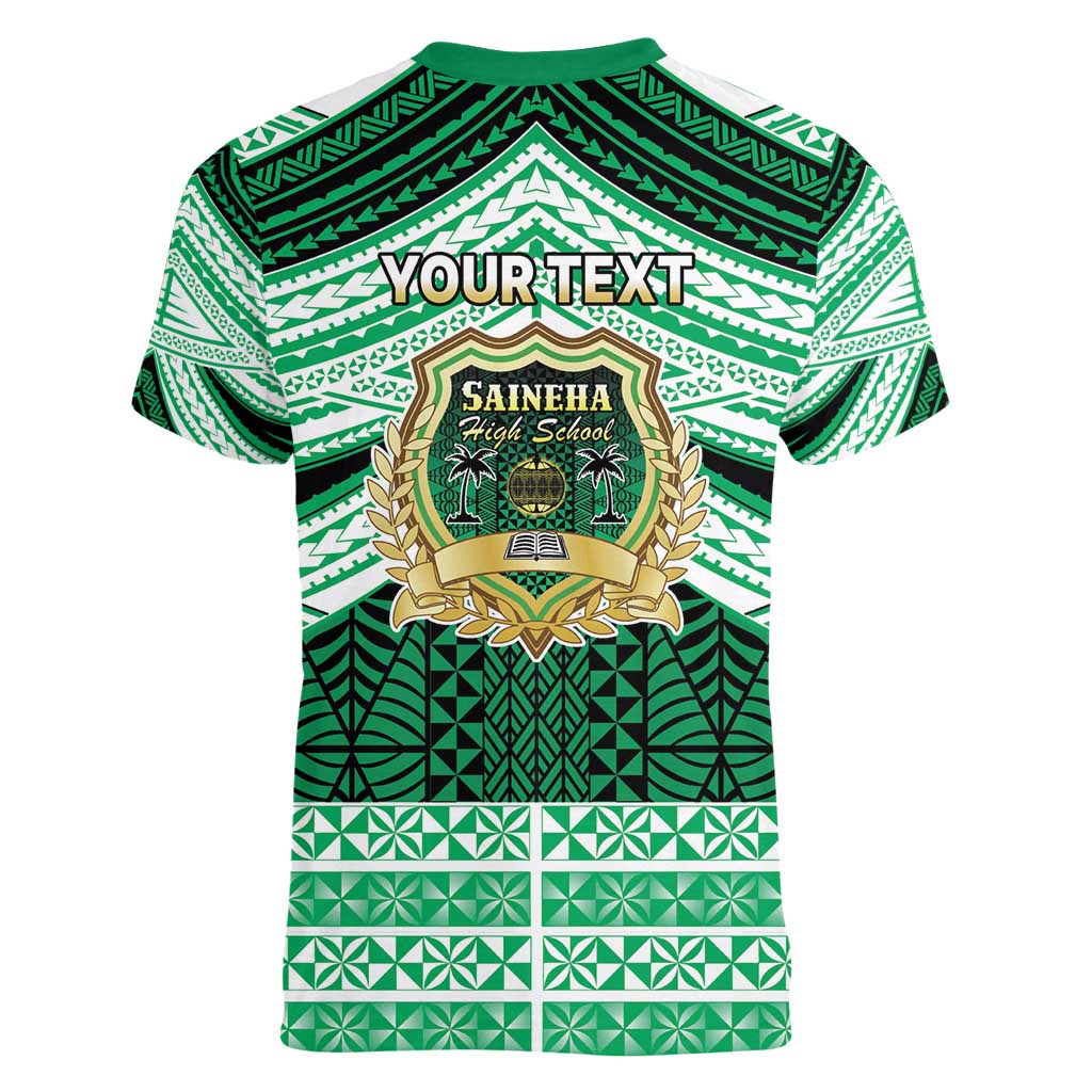 Personalised Tonga Saineha High School Women V-Neck T-Shirt Polynesian Ngatu Tribal