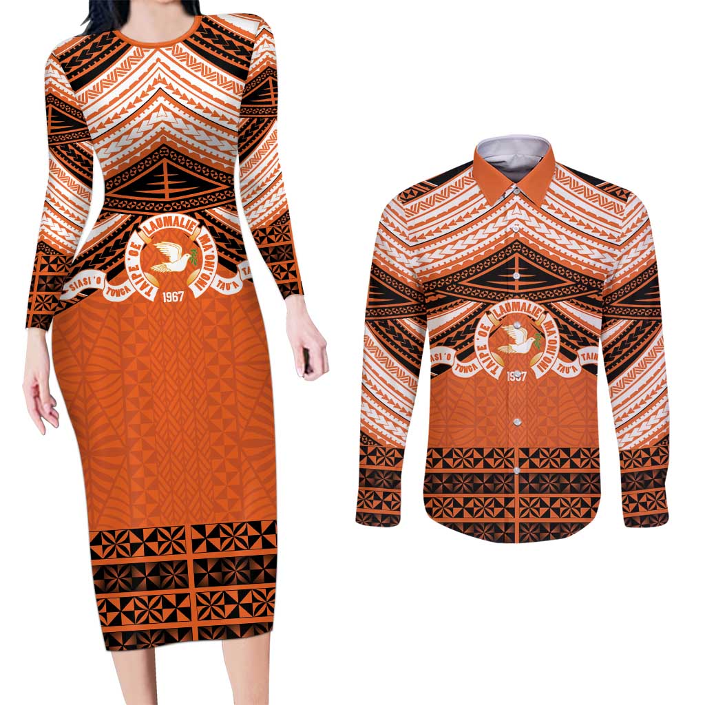 Personalised Tonga Tailulu College Couples Matching Long Sleeve Bodycon Dress and Long Sleeve Button Shirt Polynesian Ngatu Tribal