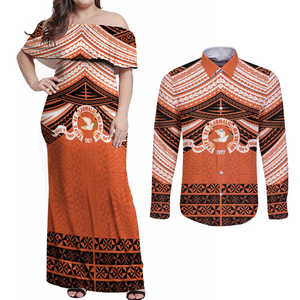 Personalised Tonga Tailulu College Couples Matching Off Shoulder Maxi Dress and Long Sleeve Button Shirt Polynesian Ngatu Tribal