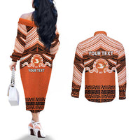 Personalised Tonga Tailulu College Couples Matching Off The Shoulder Long Sleeve Dress and Long Sleeve Button Shirt Polynesian Ngatu Tribal