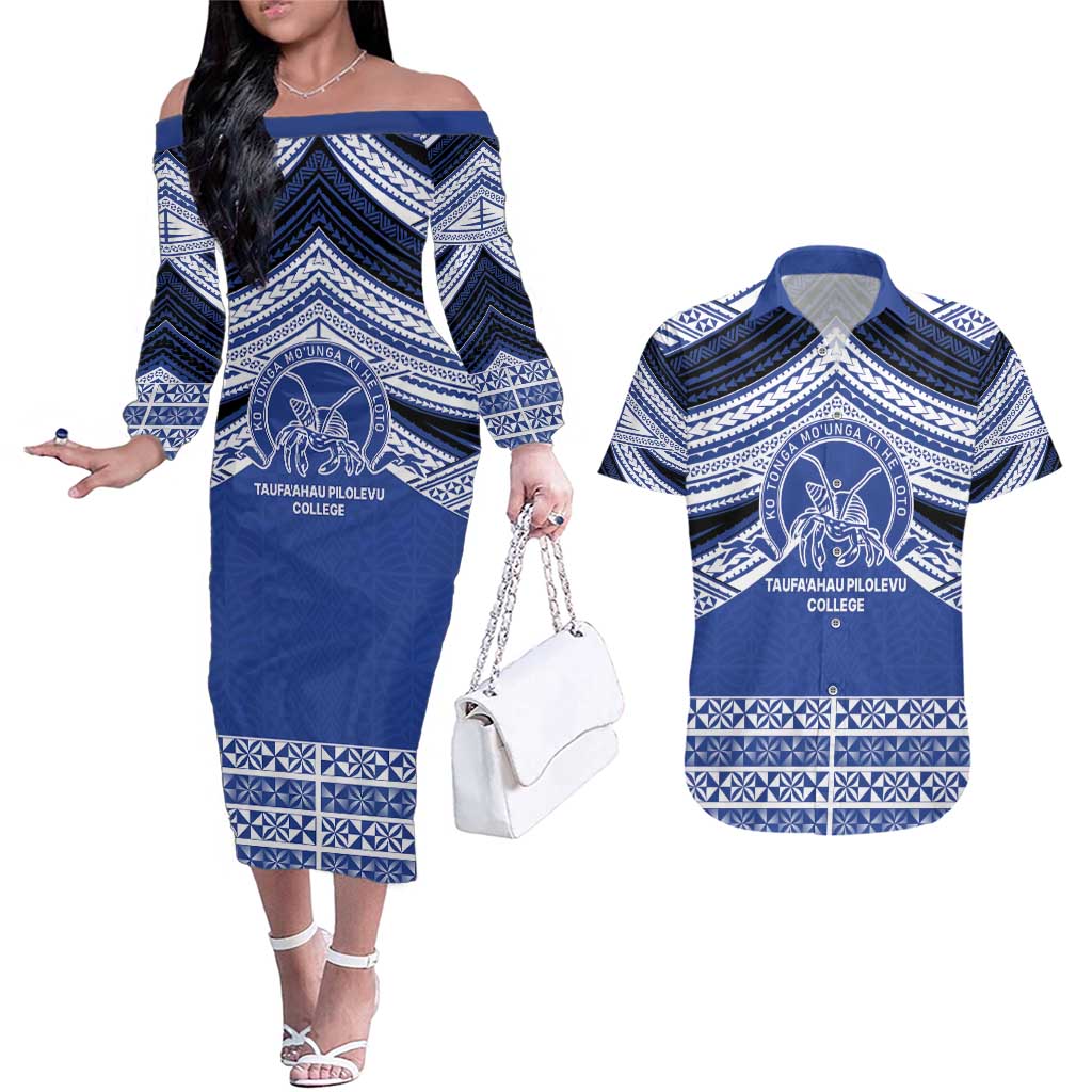 Personalised Tonga Taufa'ahau Pilolevu College Couples Matching Off The Shoulder Long Sleeve Dress and Hawaiian Shirt Polynesian Ngatu Tribal