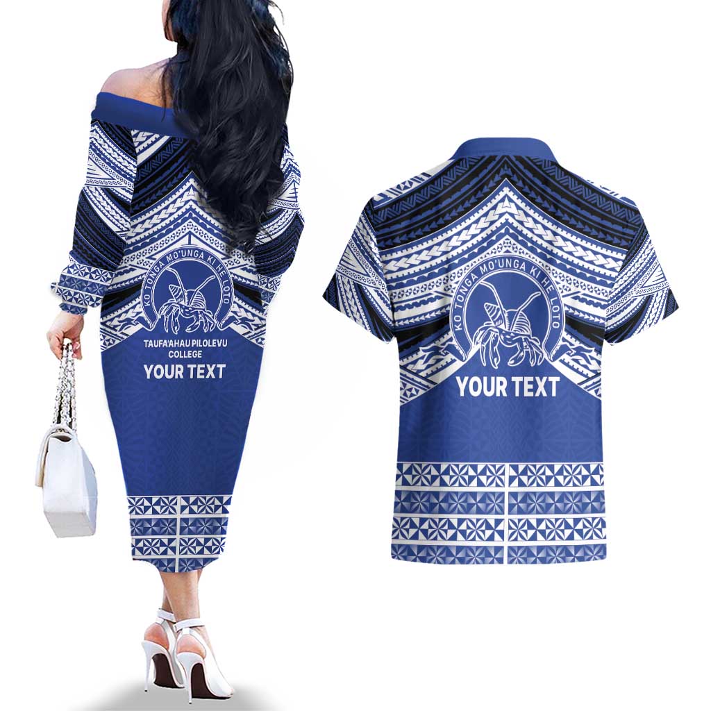 Personalised Tonga Taufa'ahau Pilolevu College Couples Matching Off The Shoulder Long Sleeve Dress and Hawaiian Shirt Polynesian Ngatu Tribal