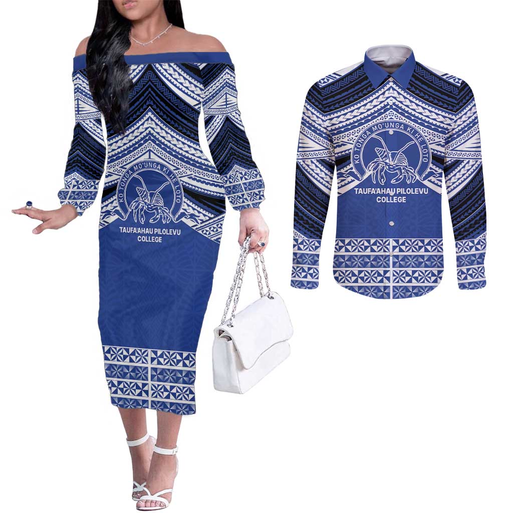 Personalised Tonga Taufa'ahau Pilolevu College Couples Matching Off The Shoulder Long Sleeve Dress and Long Sleeve Button Shirt Polynesian Ngatu Tribal