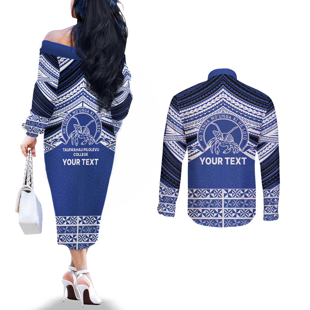 Personalised Tonga Taufa'ahau Pilolevu College Couples Matching Off The Shoulder Long Sleeve Dress and Long Sleeve Button Shirt Polynesian Ngatu Tribal