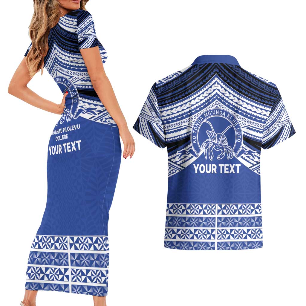 Personalised Tonga Taufa'ahau Pilolevu College Couples Matching Short Sleeve Bodycon Dress and Hawaiian Shirt Polynesian Ngatu Tribal