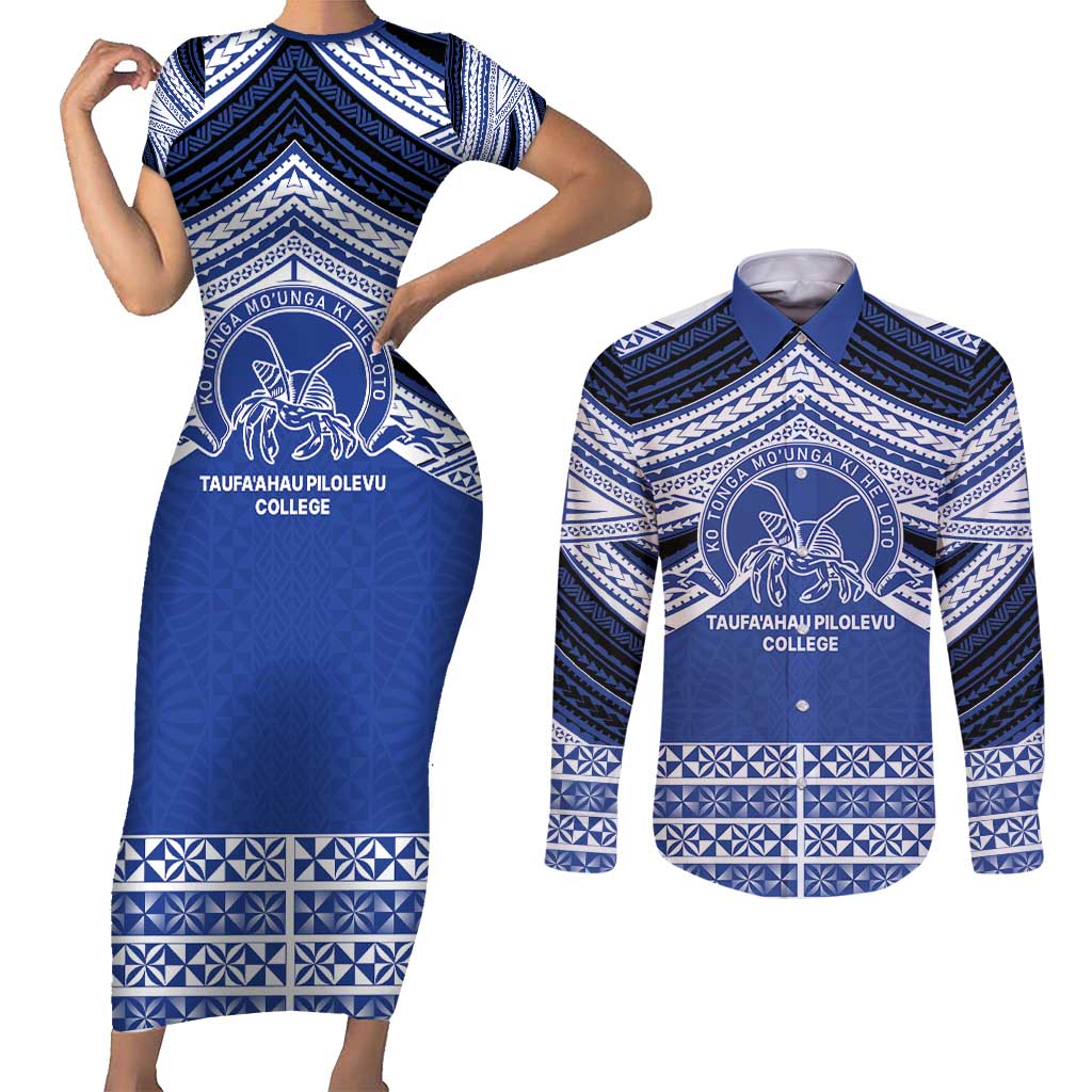 Personalised Tonga Taufa'ahau Pilolevu College Couples Matching Short Sleeve Bodycon Dress and Long Sleeve Button Shirt Polynesian Ngatu Tribal