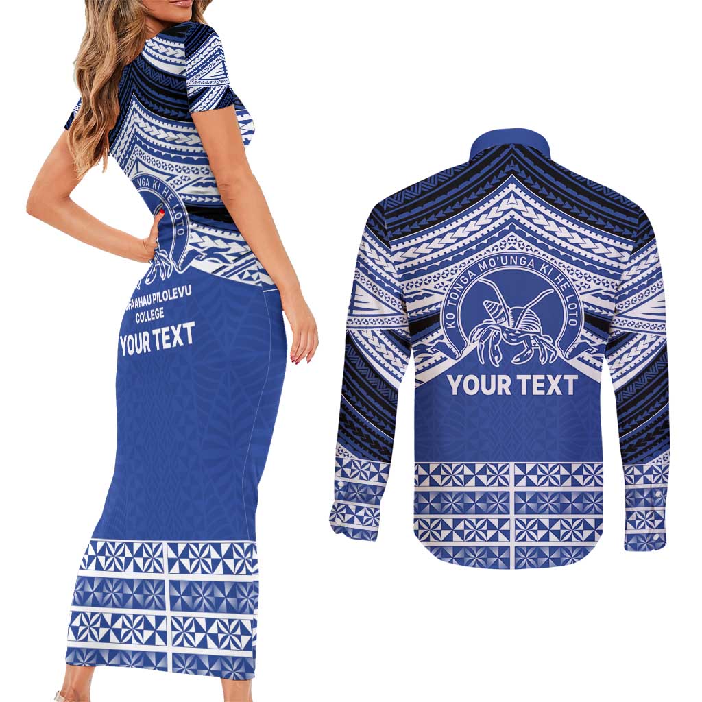 Personalised Tonga Taufa'ahau Pilolevu College Couples Matching Short Sleeve Bodycon Dress and Long Sleeve Button Shirt Polynesian Ngatu Tribal