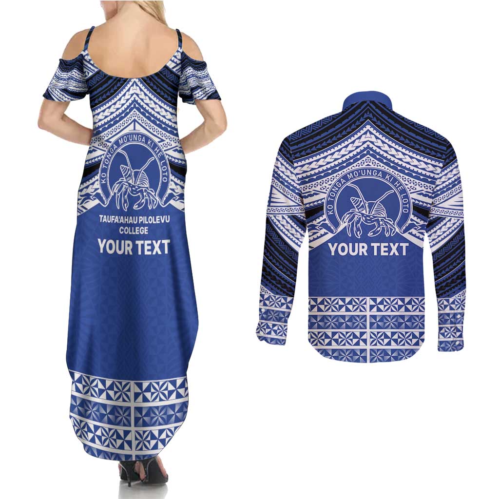 Personalised Tonga Taufa'ahau Pilolevu College Couples Matching Summer Maxi Dress and Long Sleeve Button Shirt Polynesian Ngatu Tribal