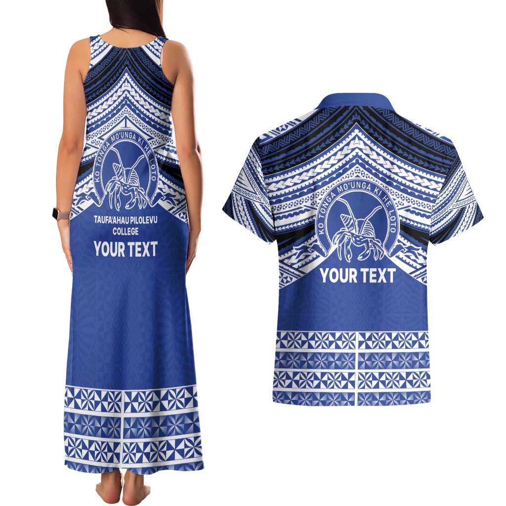 Personalised Tonga Taufa'ahau Pilolevu College Couples Matching Tank Maxi Dress and Hawaiian Shirt Polynesian Ngatu Tribal