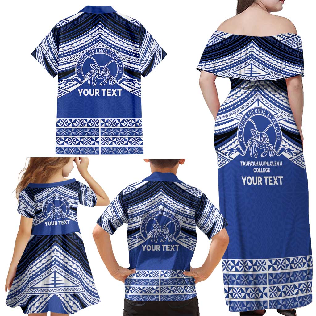 Personalised Tonga Taufa'ahau Pilolevu College Family Matching Off Shoulder Maxi Dress and Hawaiian Shirt Polynesian Ngatu Tribal