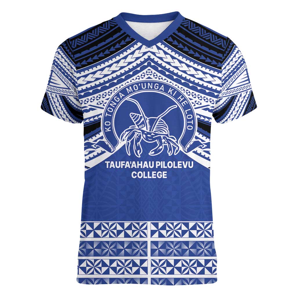 Personalised Tonga Taufa'ahau Pilolevu College Women V-Neck T-Shirt Polynesian Ngatu Tribal