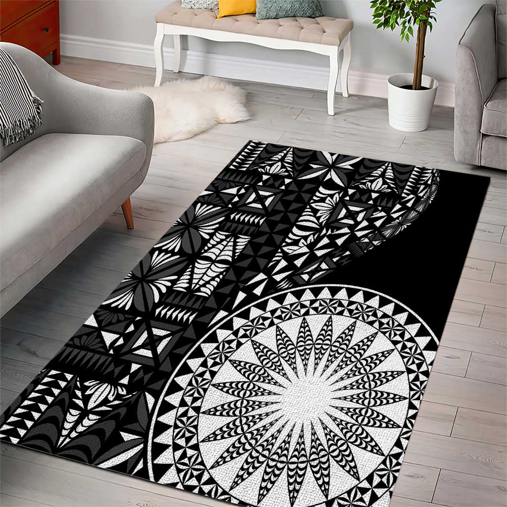 Black Tongan Ngatu Fonulei Pattern Area Rug
