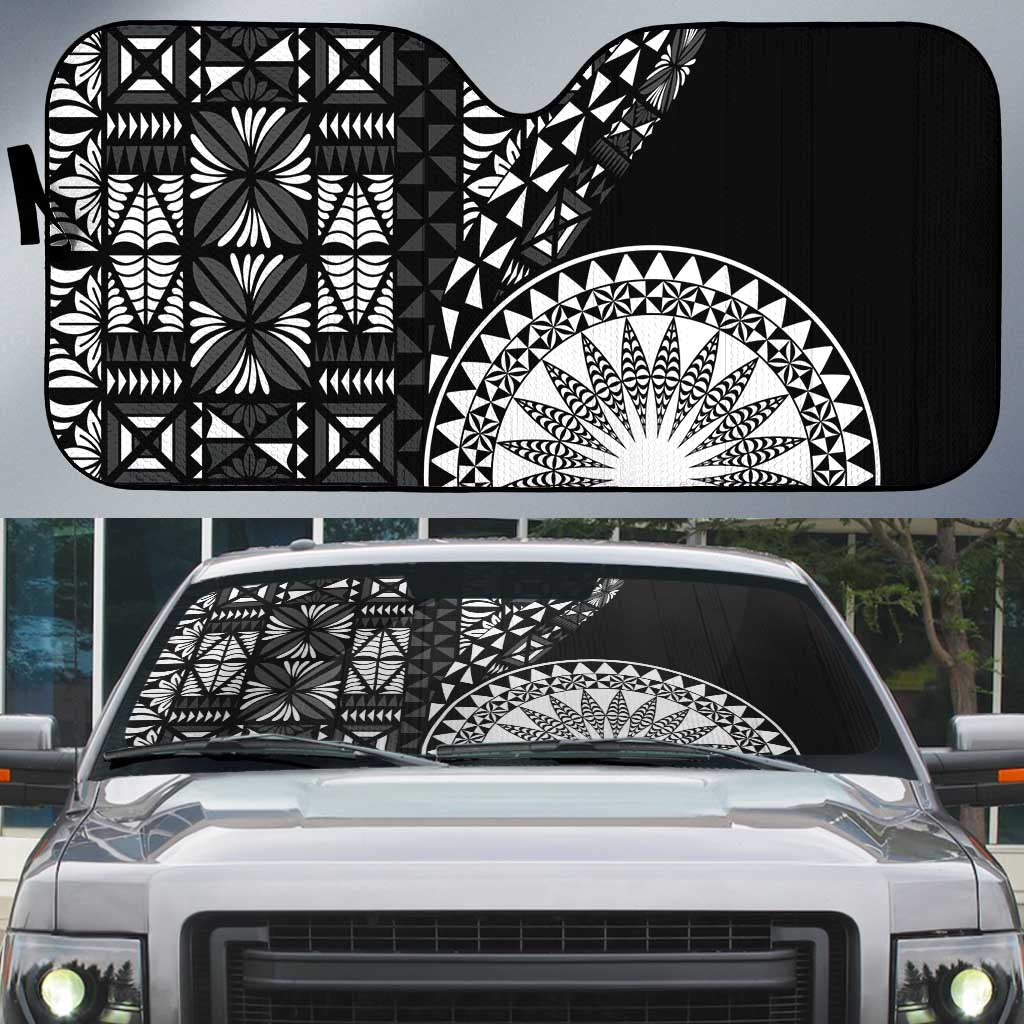 Black Tongan Ngatu Fonulei Pattern Auto Sun Shade - Polynesian Pride