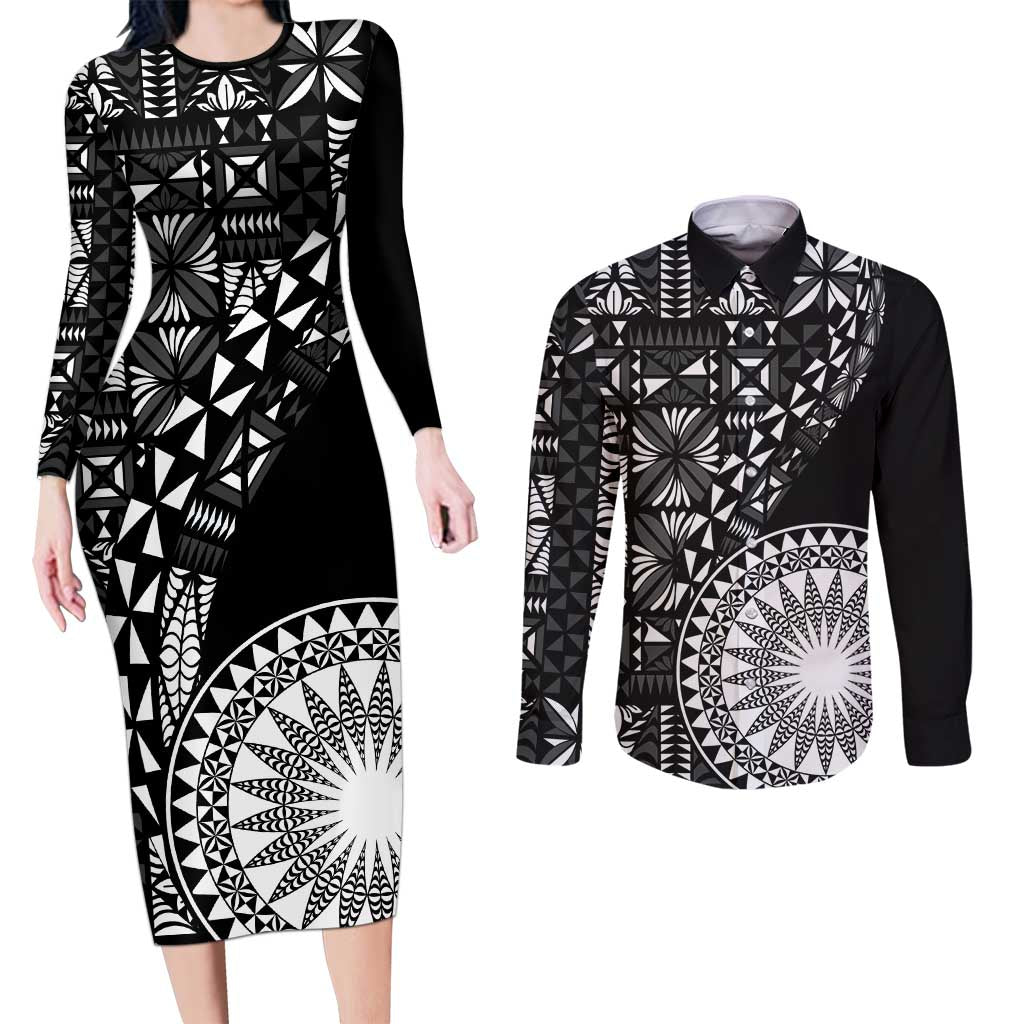 Black Tongan Ngatu Fonulei Pattern Couples Matching Long Sleeve Bodycon Dress and Long Sleeve Button Shirt
