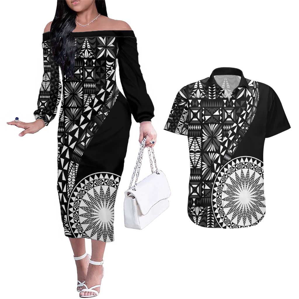 Black Tongan Ngatu Fonulei Pattern Couples Matching Off The Shoulder Long Sleeve Dress and Hawaiian Shirt