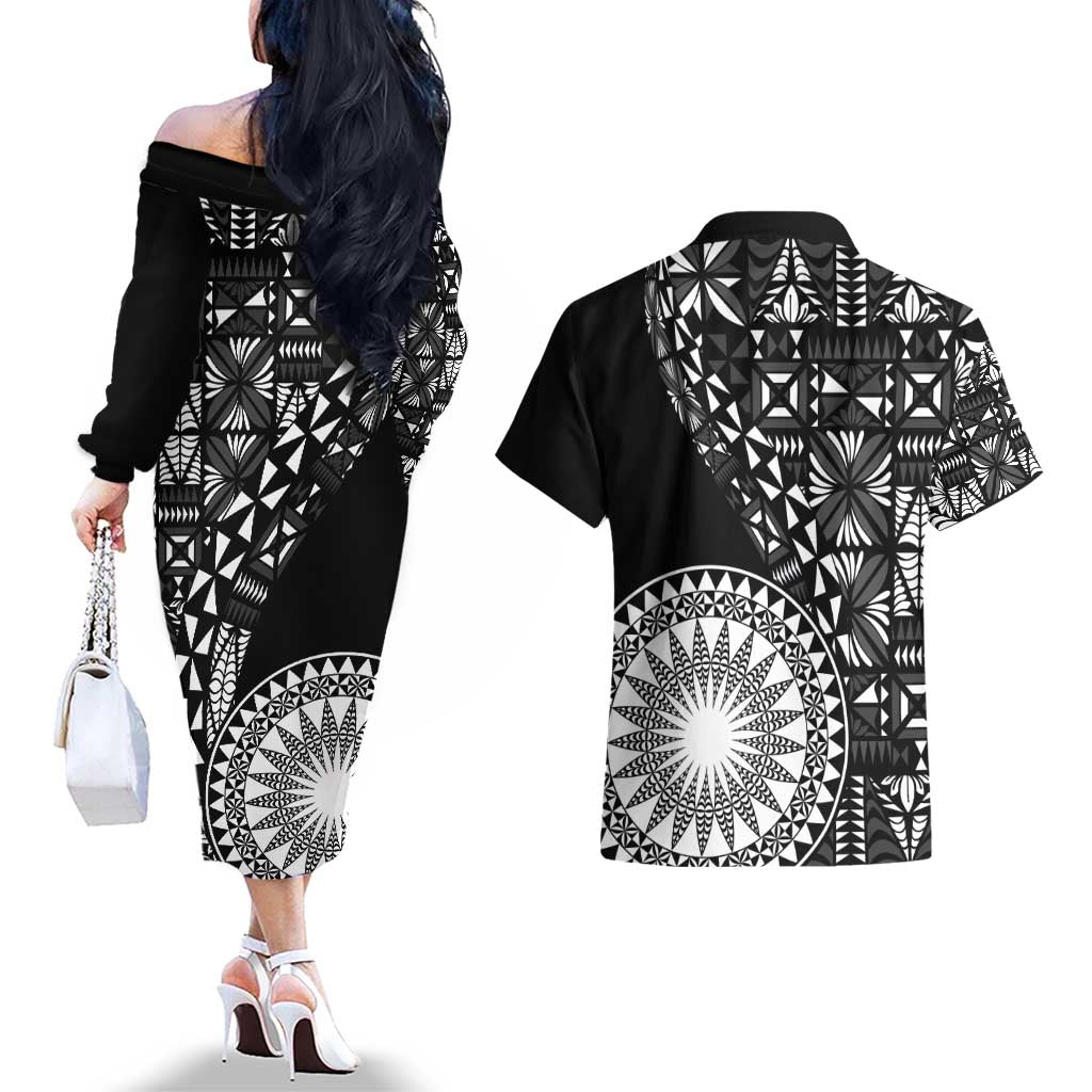 Black Tongan Ngatu Fonulei Pattern Couples Matching Off The Shoulder Long Sleeve Dress and Hawaiian Shirt