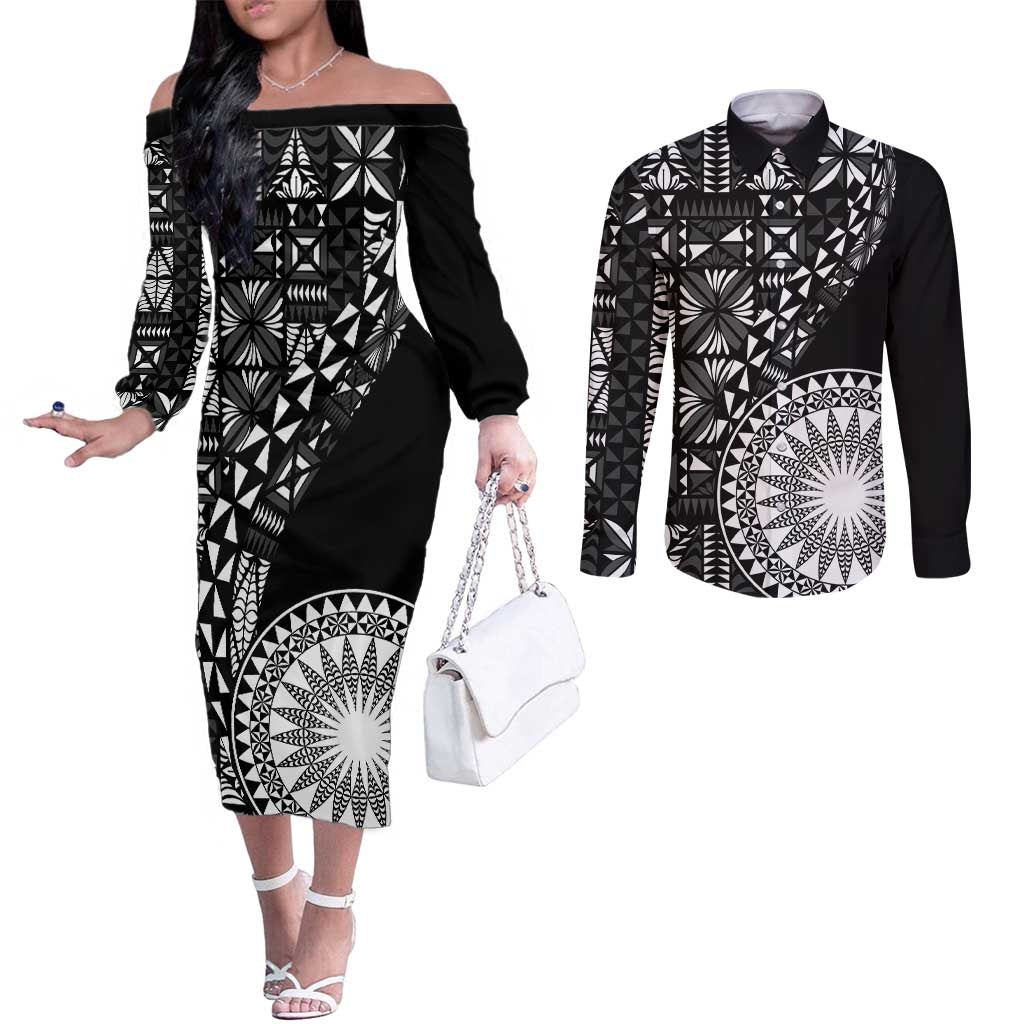 Black Tongan Ngatu Fonulei Pattern Couples Matching Off The Shoulder Long Sleeve Dress and Long Sleeve Button Shirt