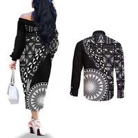 Black Tongan Ngatu Fonulei Pattern Couples Matching Off The Shoulder Long Sleeve Dress and Long Sleeve Button Shirt
