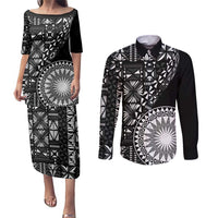 Black Tongan Ngatu Fonulei Pattern Couples Matching Puletasi and Long Sleeve Button Shirt