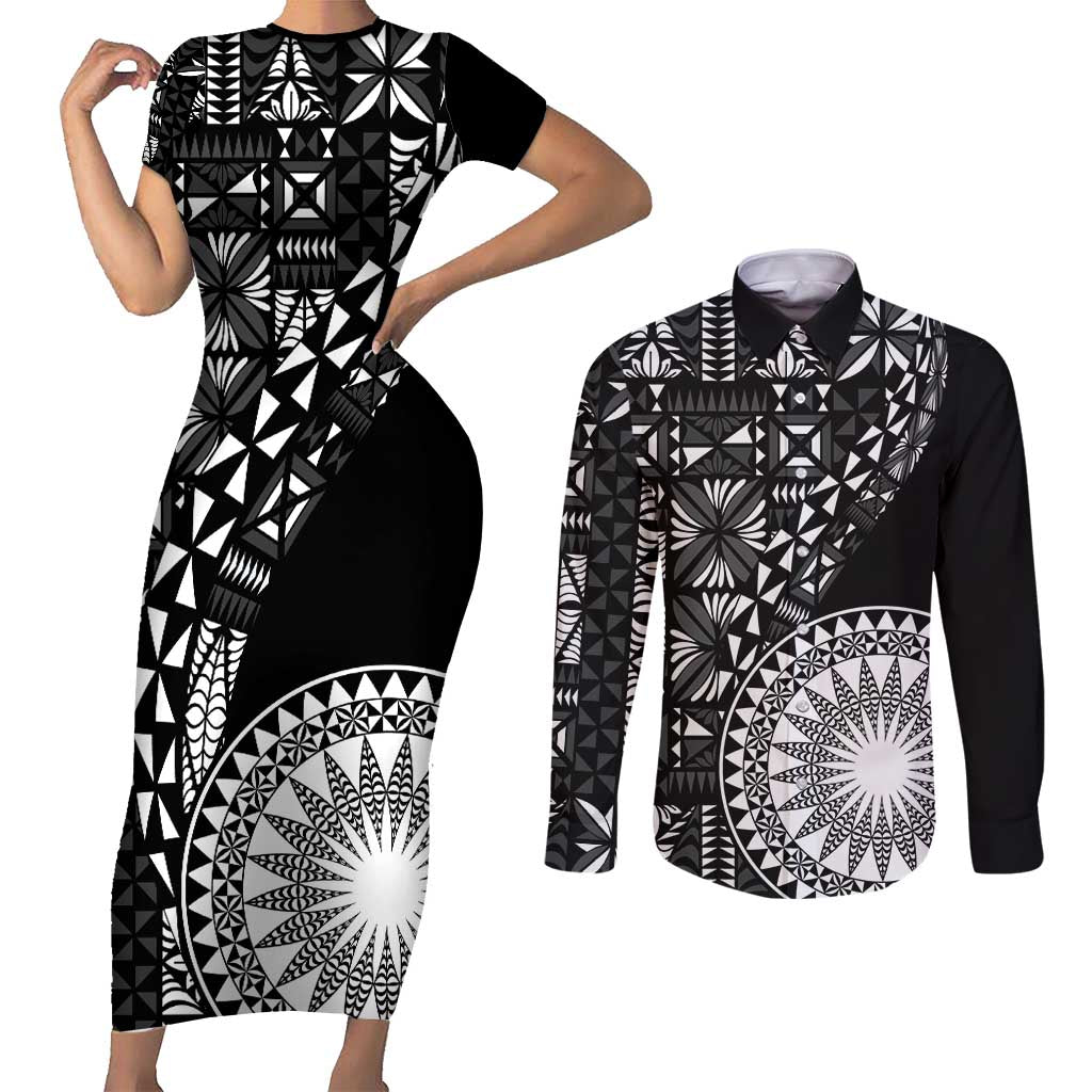 Black Tongan Ngatu Fonulei Pattern Couples Matching Short Sleeve Bodycon Dress and Long Sleeve Button Shirt