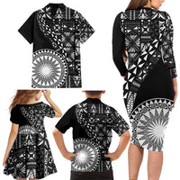 Black Tongan Ngatu Fonulei Pattern Family Matching Long Sleeve Bodycon Dress and Hawaiian Shirt