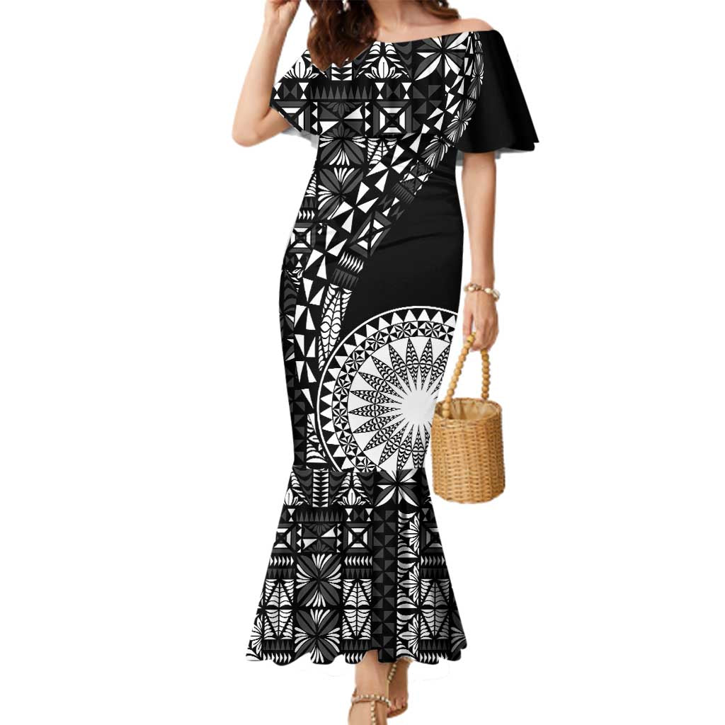 Black Tongan Ngatu Fonulei Pattern Family Matching Mermaid Dress and Hawaiian Shirt
