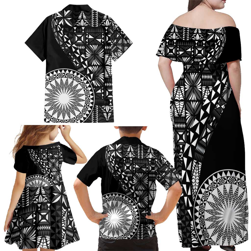 Black Tongan Ngatu Fonulei Pattern Family Matching Off Shoulder Maxi Dress and Hawaiian Shirt