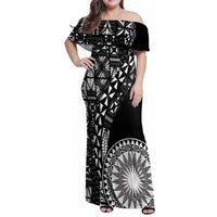 Black Tongan Ngatu Fonulei Pattern Family Matching Off Shoulder Maxi Dress and Hawaiian Shirt
