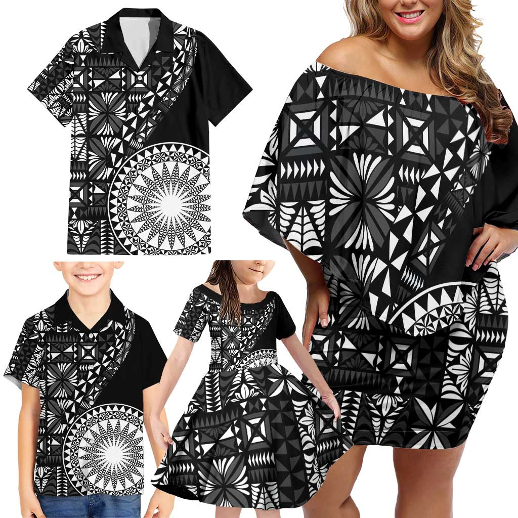 Black Tongan Ngatu Fonulei Pattern Family Matching Off Shoulder Short Dress and Hawaiian Shirt