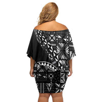 Black Tongan Ngatu Fonulei Pattern Family Matching Off Shoulder Short Dress and Hawaiian Shirt