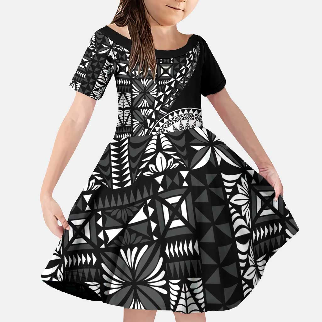 Black Tongan Ngatu Fonulei Pattern Family Matching Short Sleeve Bodycon Dress and Hawaiian Shirt