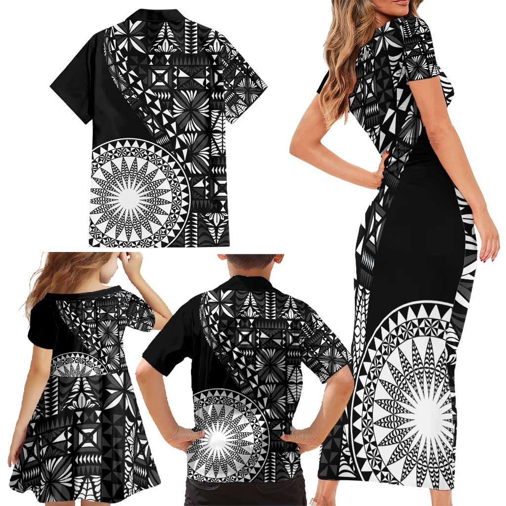 Black Tongan Ngatu Fonulei Pattern Family Matching Short Sleeve Bodycon Dress and Hawaiian Shirt