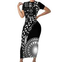 Black Tongan Ngatu Fonulei Pattern Family Matching Short Sleeve Bodycon Dress and Hawaiian Shirt