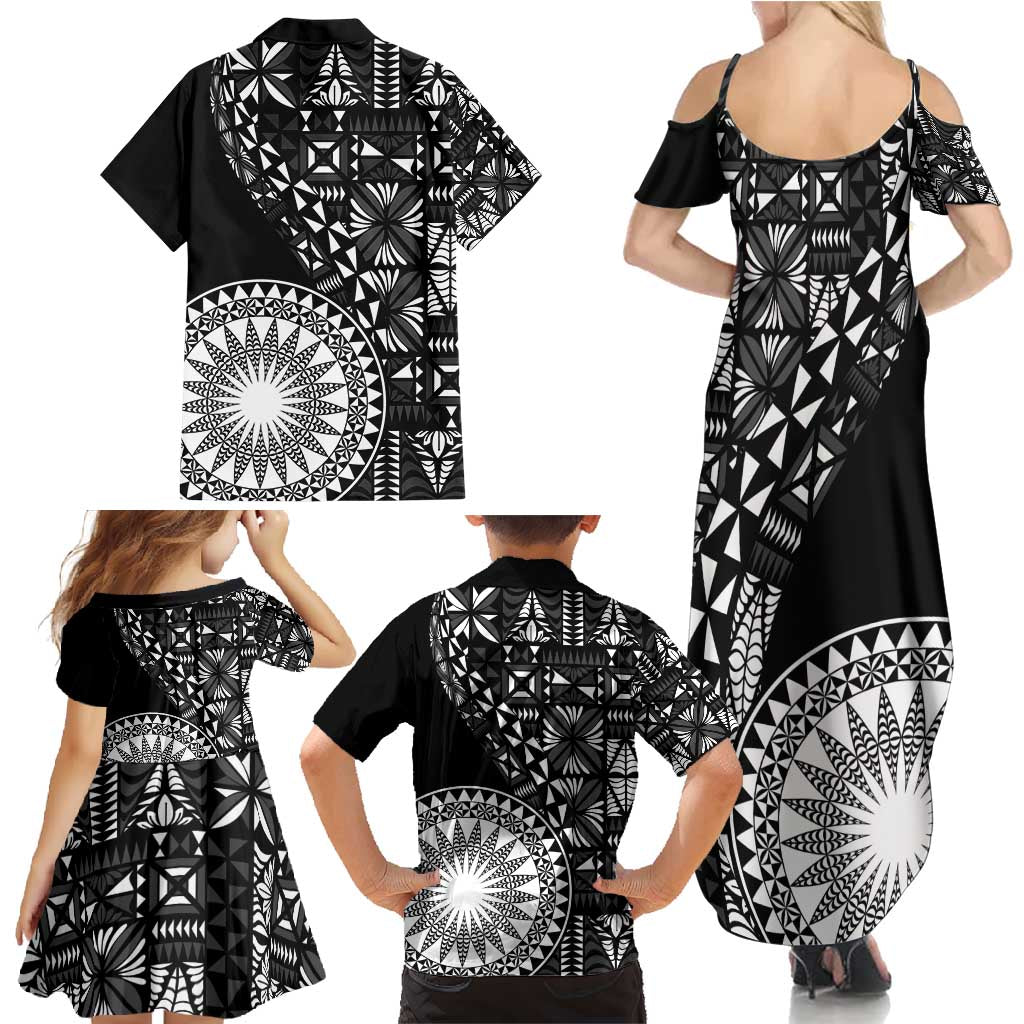 Black Tongan Ngatu Fonulei Pattern Family Matching Summer Maxi Dress and Hawaiian Shirt