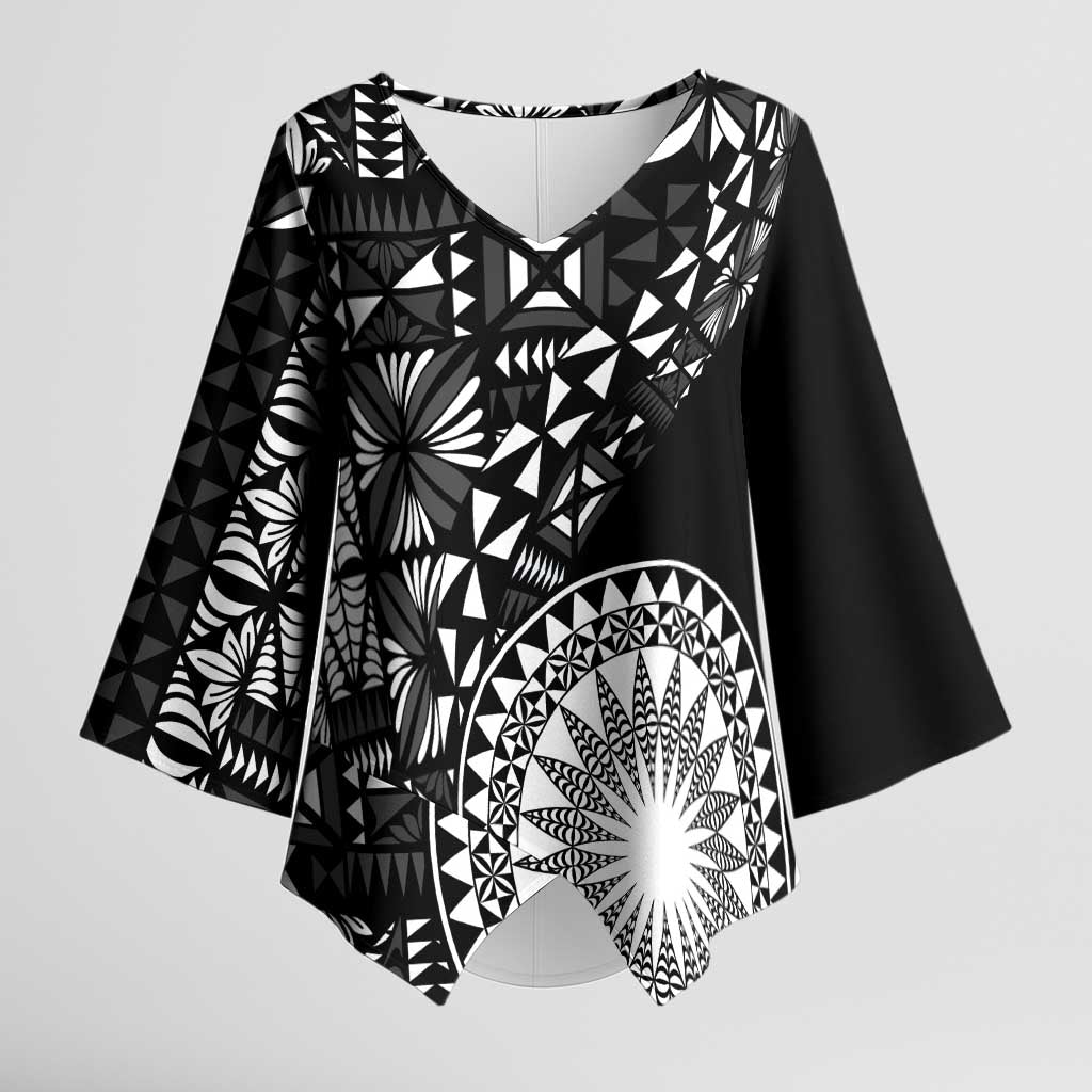 Black Tongan Ngatu Fonulei Pattern Kimono Sleeve Blouse - Polynesian Pride