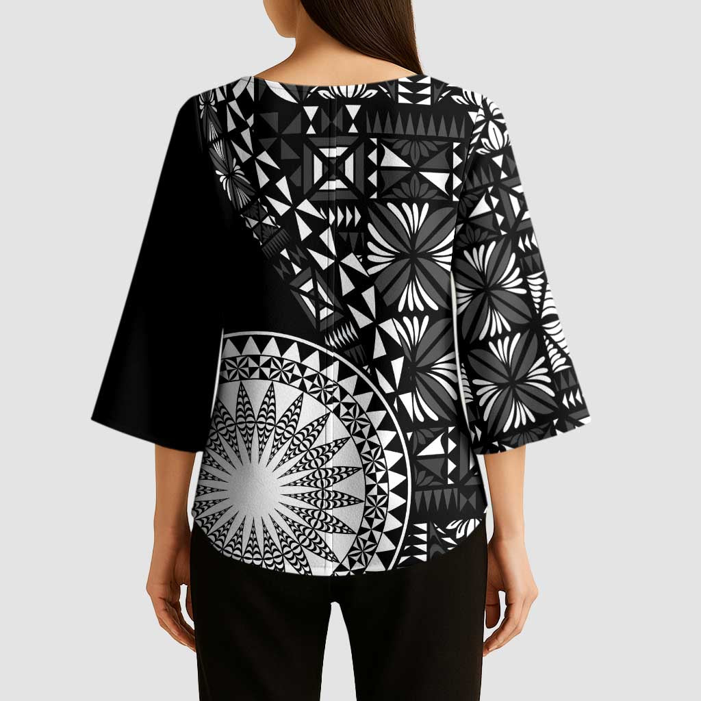 Black Tongan Ngatu Fonulei Pattern Kimono Sleeve Blouse - Polynesian Pride
