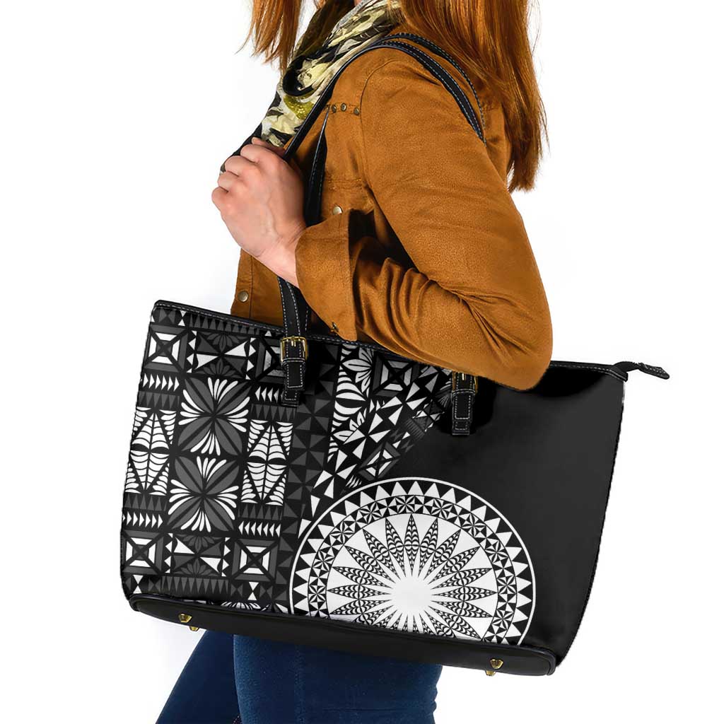 Black Tongan Ngatu Fonulei Pattern Leather Tote Bag