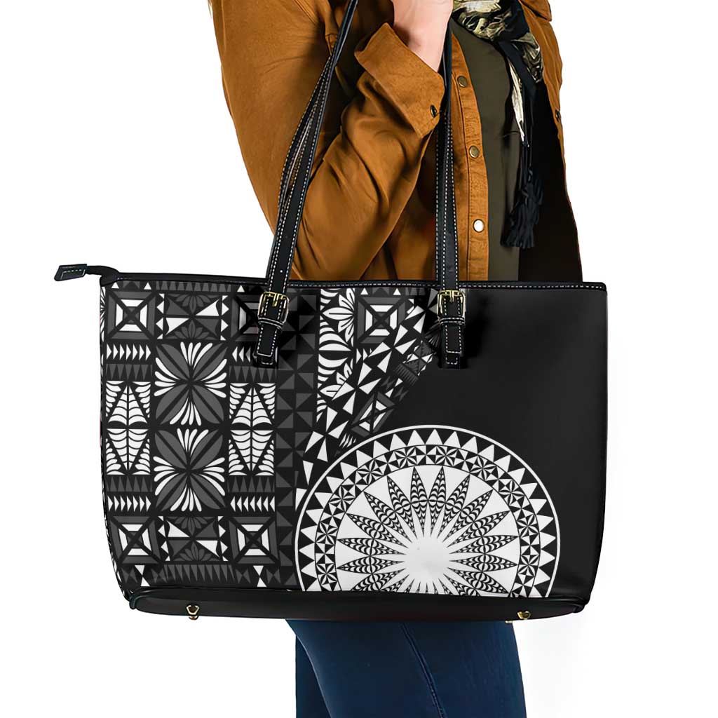 Black Tongan Ngatu Fonulei Pattern Leather Tote Bag