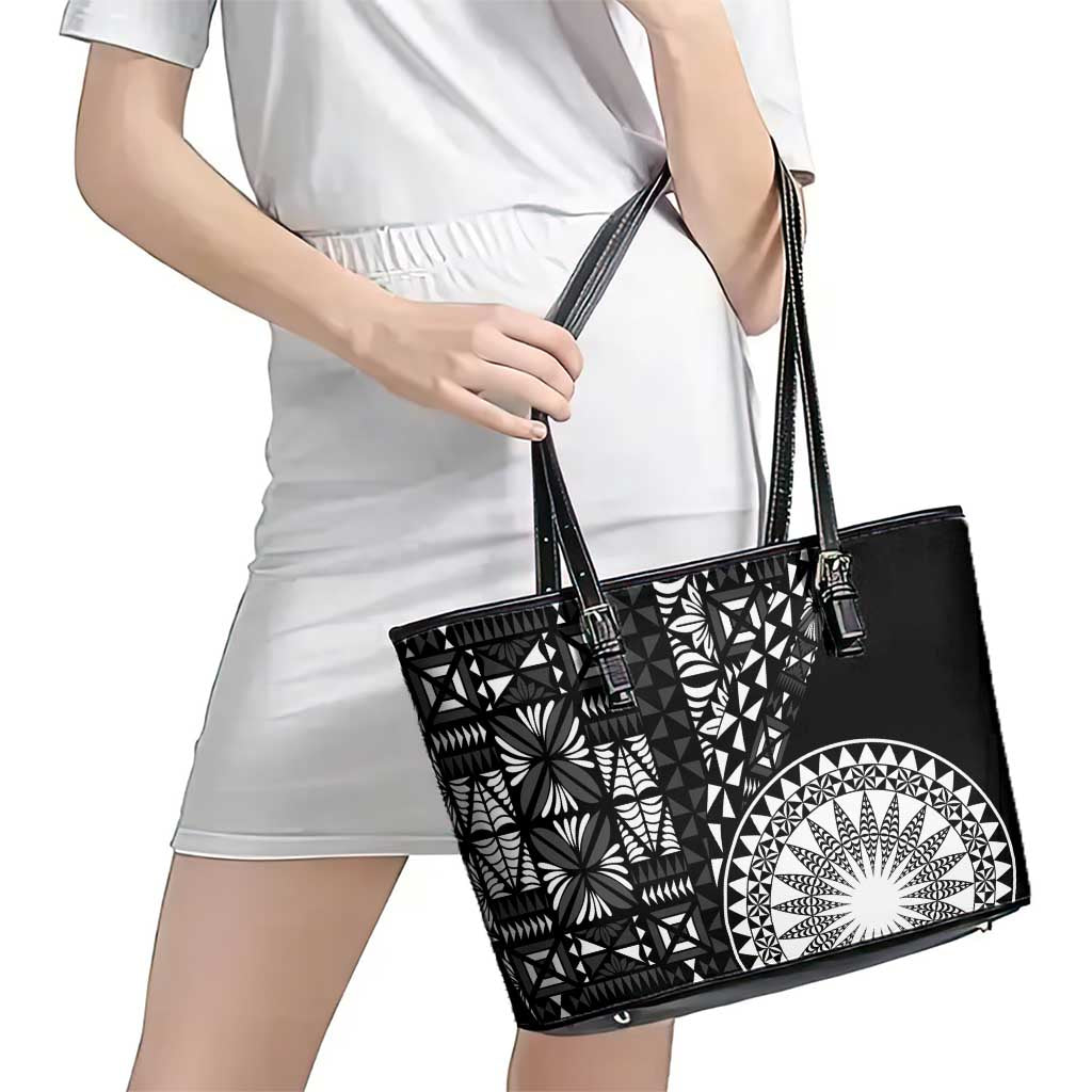 Black Tongan Ngatu Fonulei Pattern Leather Tote Bag
