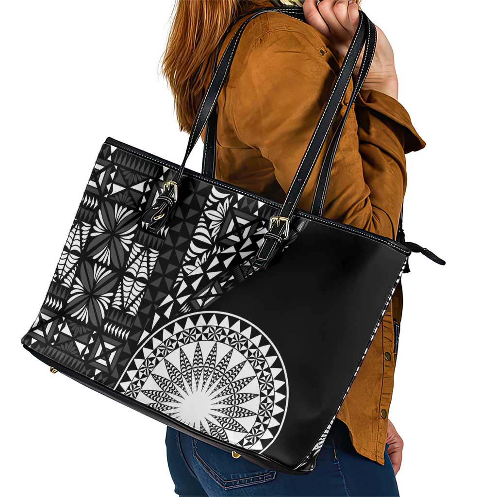 Black Tongan Ngatu Fonulei Pattern Leather Tote Bag