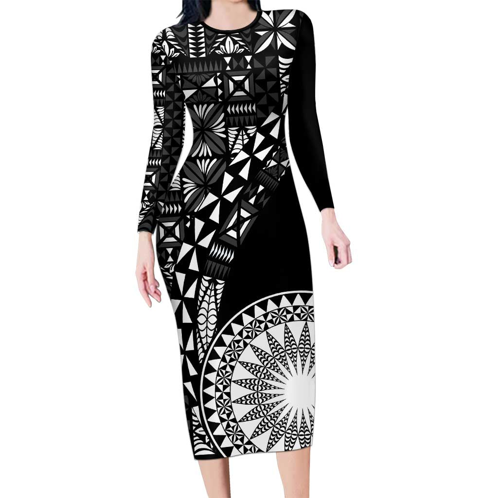 Black Tongan Ngatu Fonulei Pattern Long Sleeve Bodycon Dress