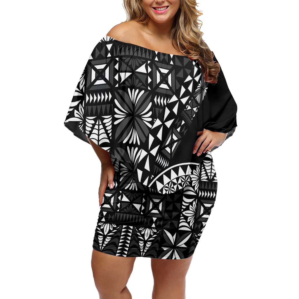 Black Tongan Ngatu Fonulei Pattern Off Shoulder Short Dress LT9 Women Black - Polynesian Pride