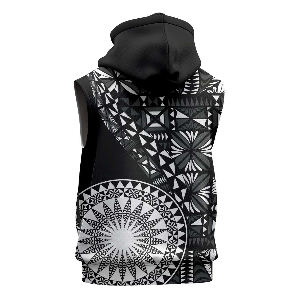 Black Tongan Ngatu Fonulei Pattern Sleeveless Hoodie - Polynesian Pride