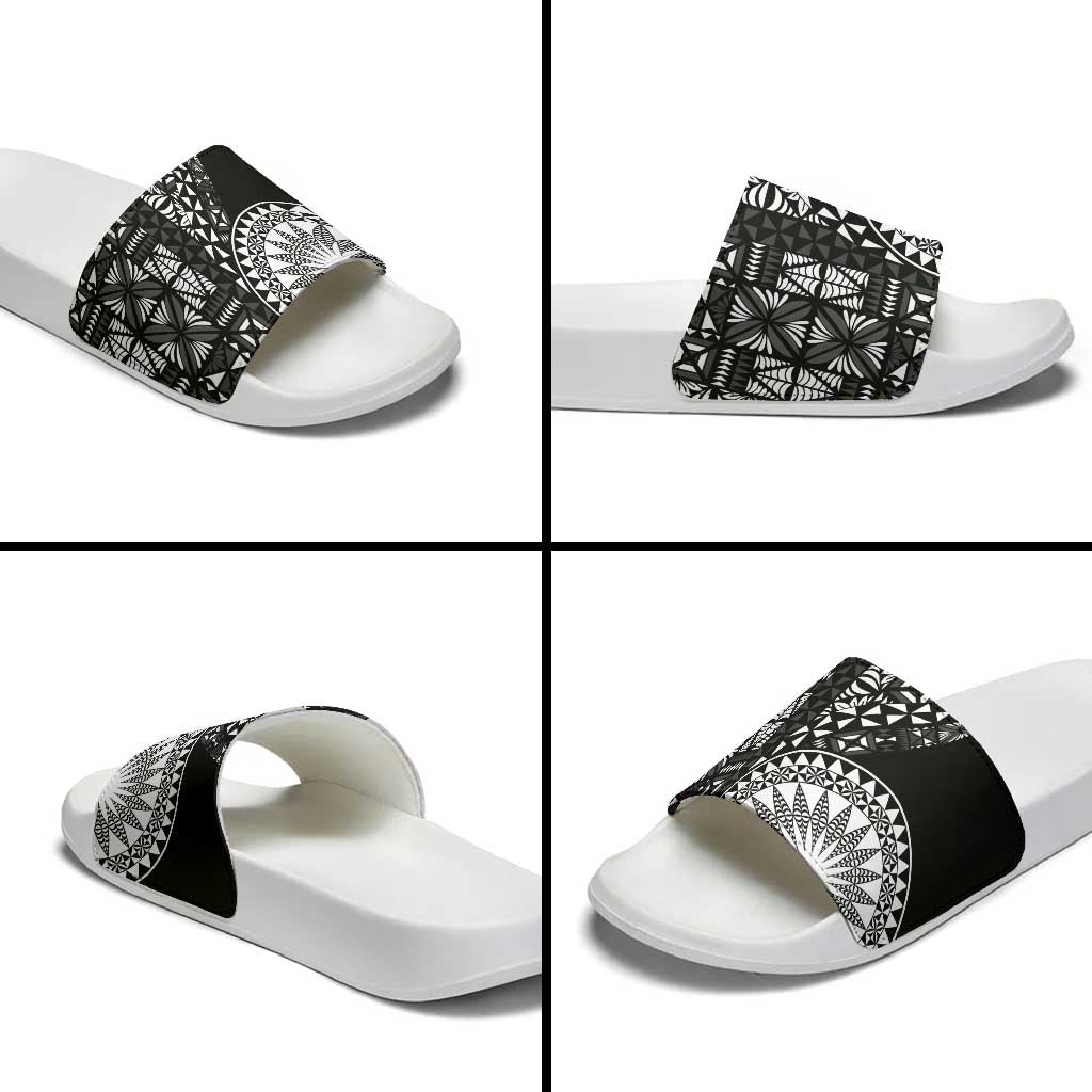 Black Tongan Ngatu Fonulei Pattern Slide Sandals - Polynesian Pride