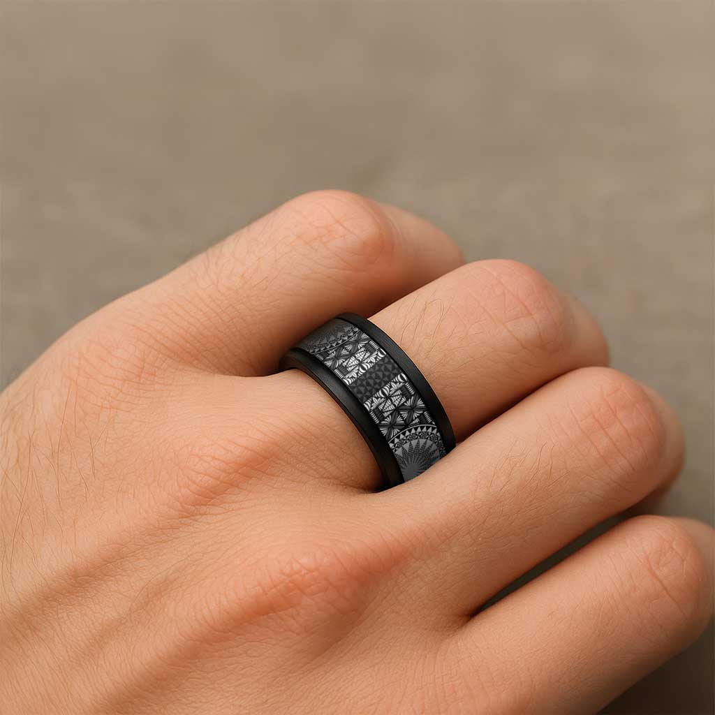 Black Tongan Ngatu Fonulei Pattern Spinner Ring - Polynesian Pride