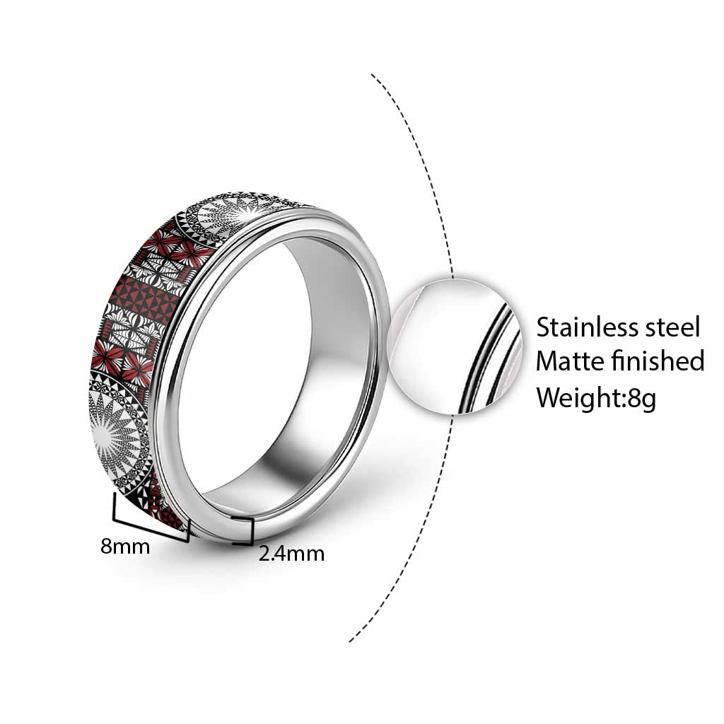 Red Tongan Ngatu Fonulei Pattern Classic Ring - Polynesian Pride