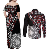 Red Tongan Ngatu Fonulei Pattern Couples Matching Off Shoulder Maxi Dress and Long Sleeve Button Shirt