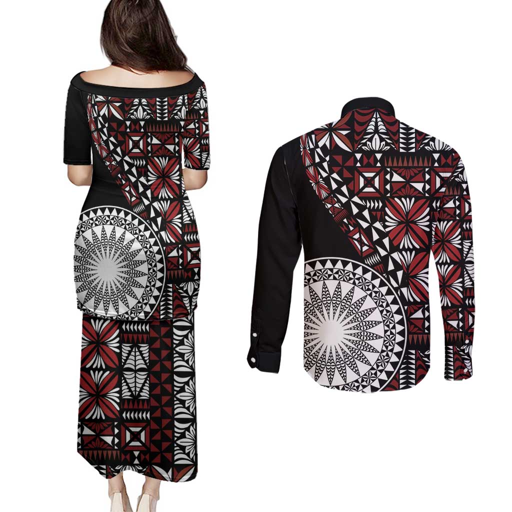 Red Tongan Ngatu Fonulei Pattern Couples Matching Puletasi and Long Sleeve Button Shirt
