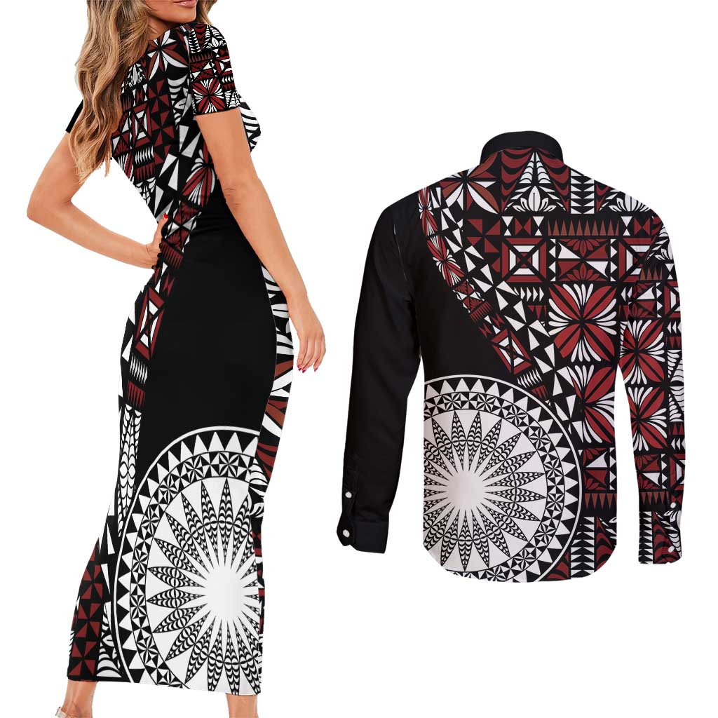Red Tongan Ngatu Fonulei Pattern Couples Matching Short Sleeve Bodycon Dress and Long Sleeve Button Shirt