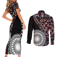 Red Tongan Ngatu Fonulei Pattern Couples Matching Short Sleeve Bodycon Dress and Long Sleeve Button Shirt